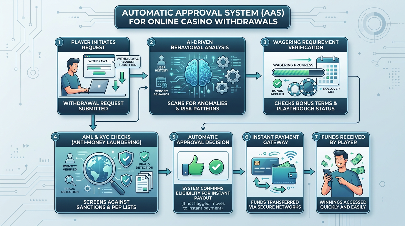 Infografika przedstawiająca schemat działania systemu automatycznego zatwierdzania wypłat (AAS) w kasynie online