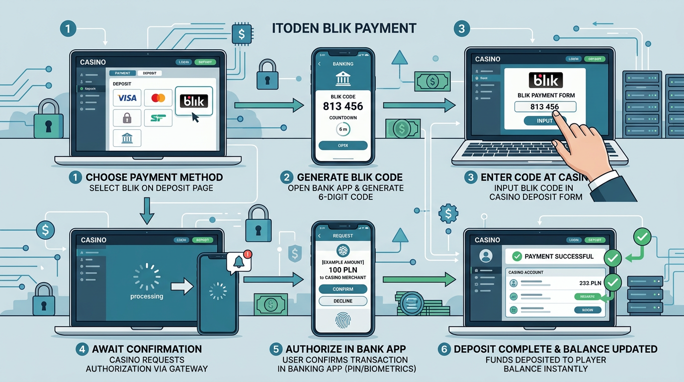 Infografika przedstawiająca proces płatności BLIK w kasynie online krok po kroku
