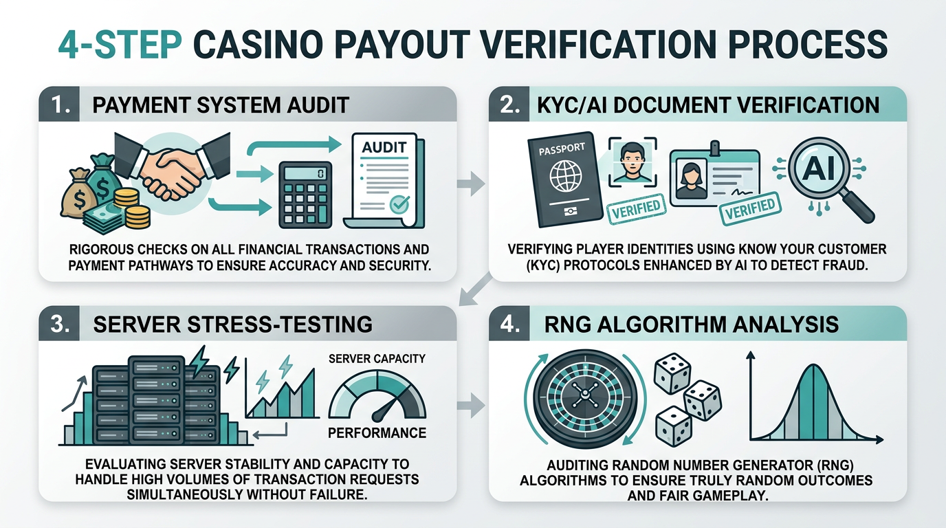 Infografika przedstawiająca 4-etapowy proces weryfikacji wypłacalności kasyn internetowych przez ekspertów GSMTRONIK.