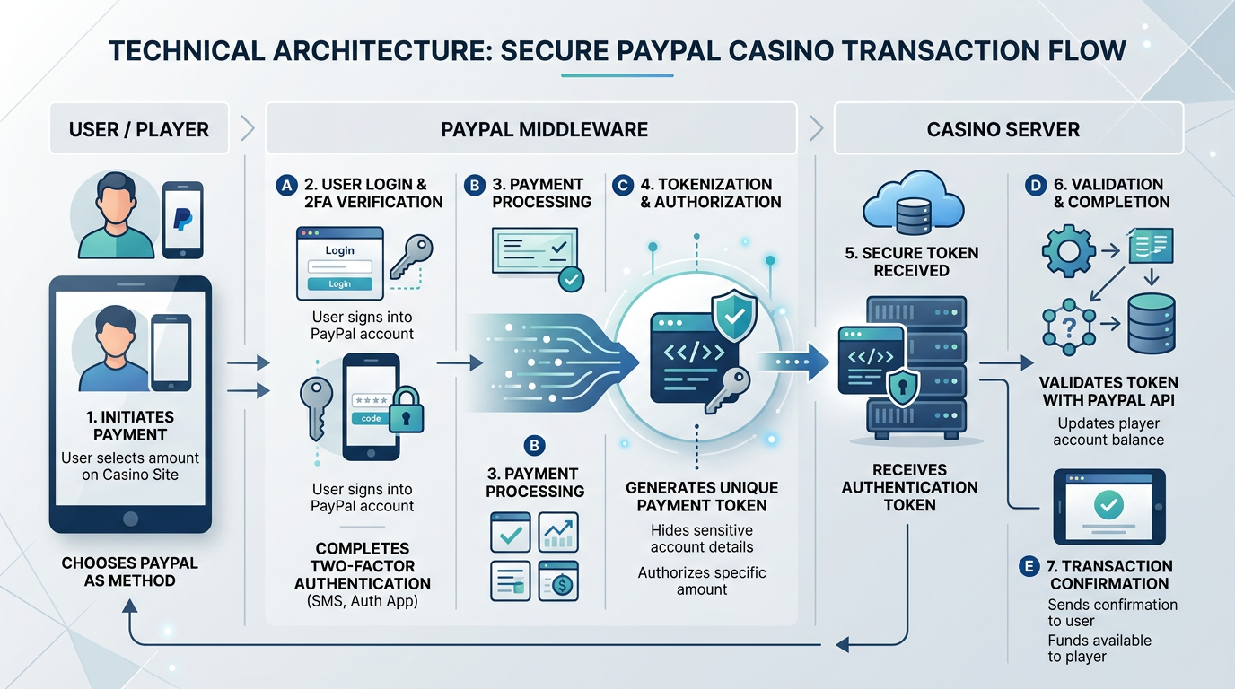 Infografika przedstawiająca proces bezpiecznej transakcji PayPal w kasynie online z wykorzystaniem tokenizacji i 2FA