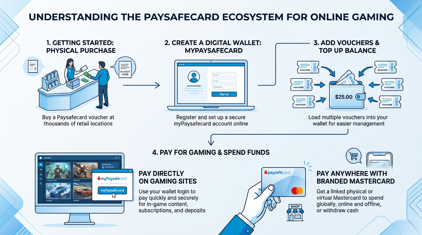 Infografika przedstawiająca ekosystem Paysafecard: od fizycznego vouchera po portfel cyfrowy i wypłaty
