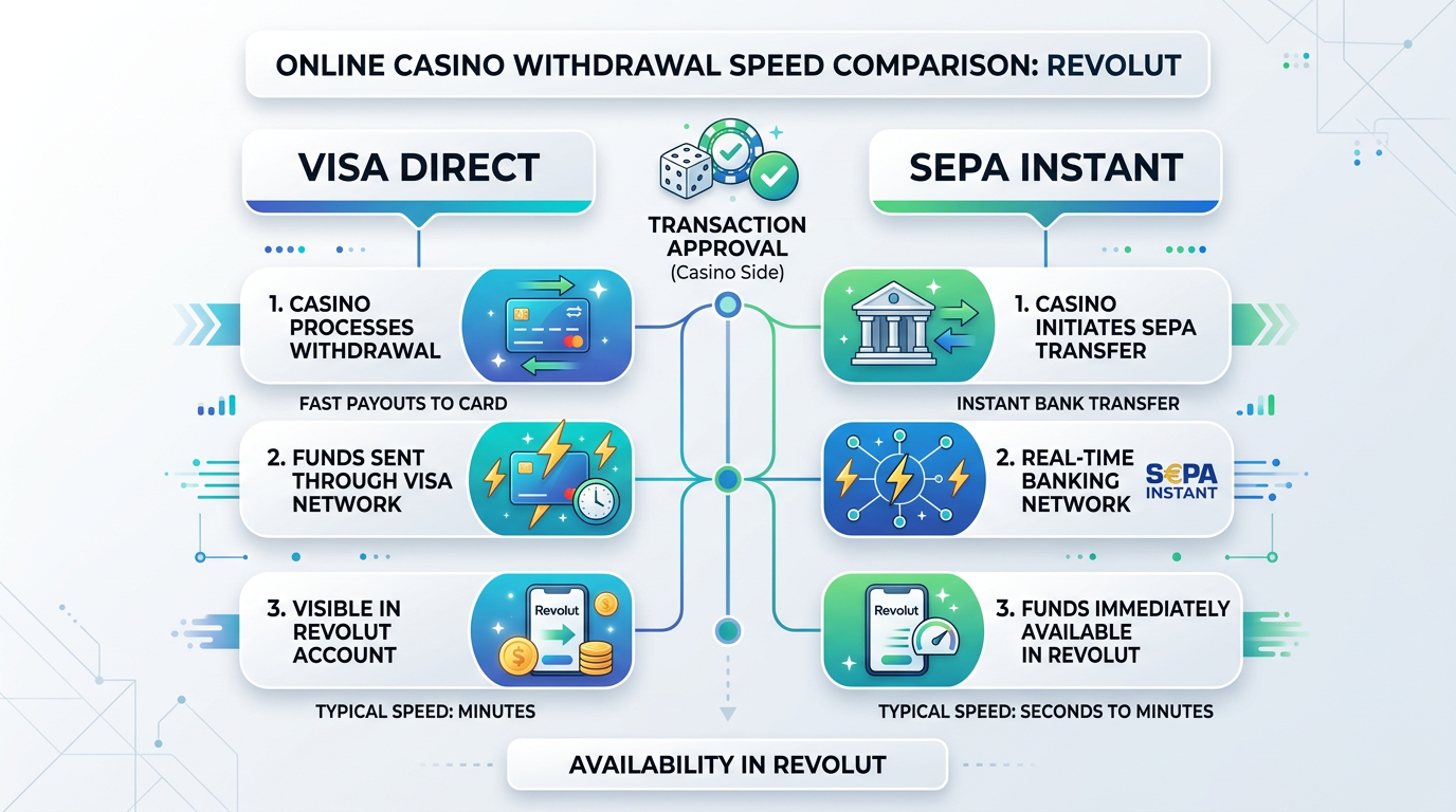 Infografika porównująca metody i czas wypłat z kasyna na konto Revolut