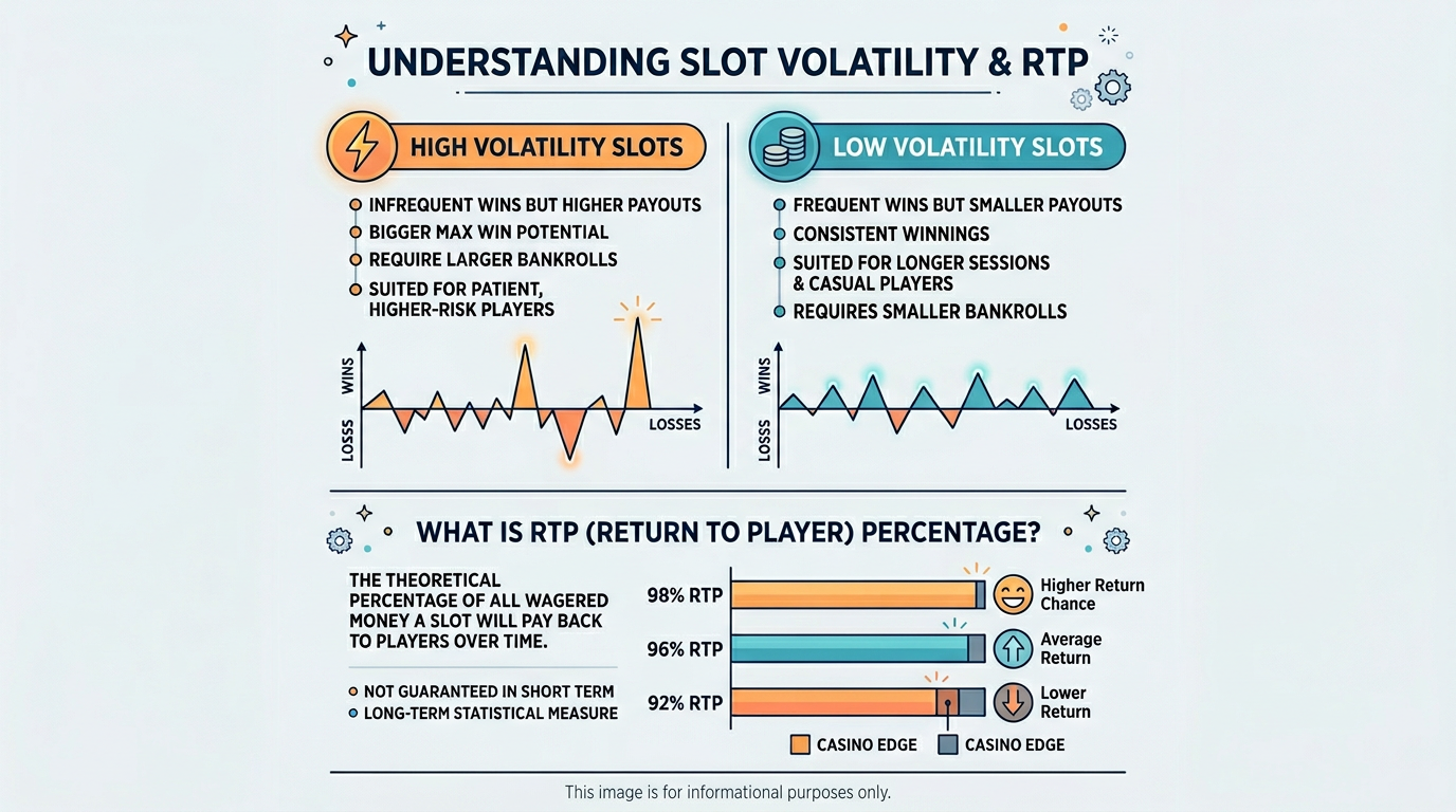 Infografika wyjaśniająca pojęcia RTP oraz zmienności w grach kasynowych
