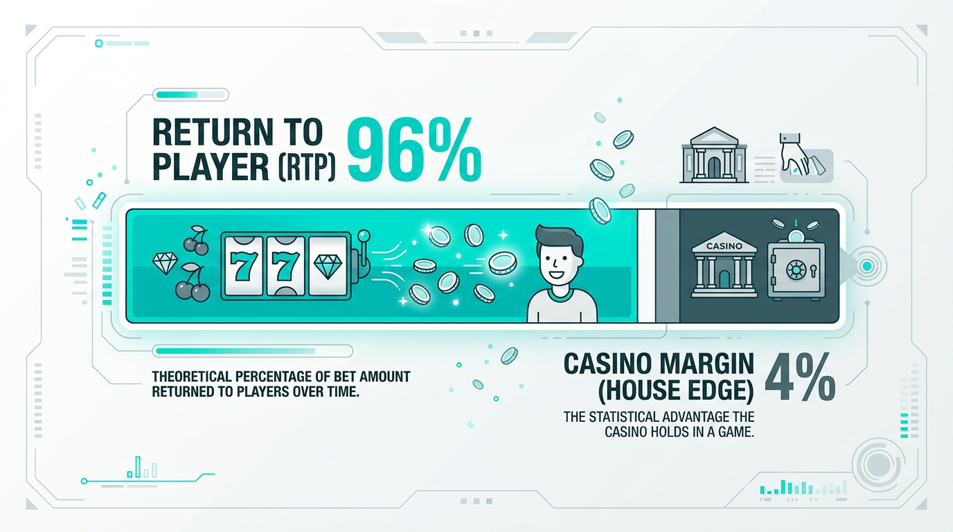 Infografika wyjaśniająca mechanizm RTP i przewagę kasyna w grach online