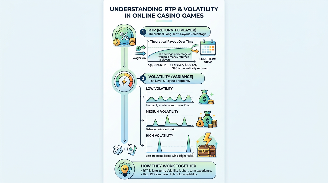 Infografika techniczna przedstawiająca parametry RTP i zmienności w grach kasynowych